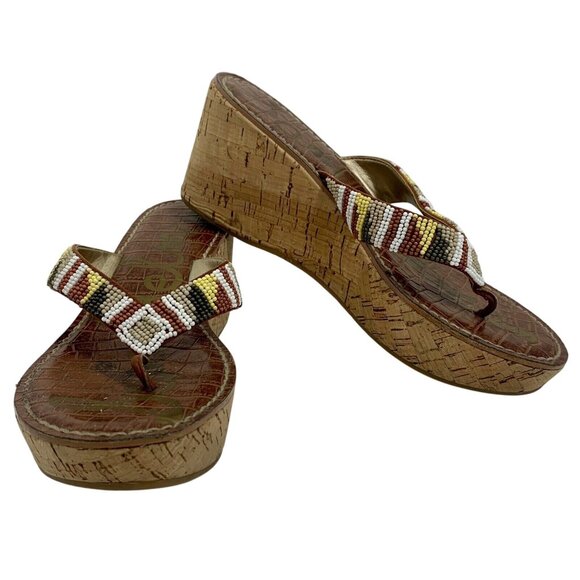 SAM EDELMAN Women 7.5 ROSA Beaded Cork Wedge Sandals Shoe Beiges Flip Flops - Picture 2 of 8